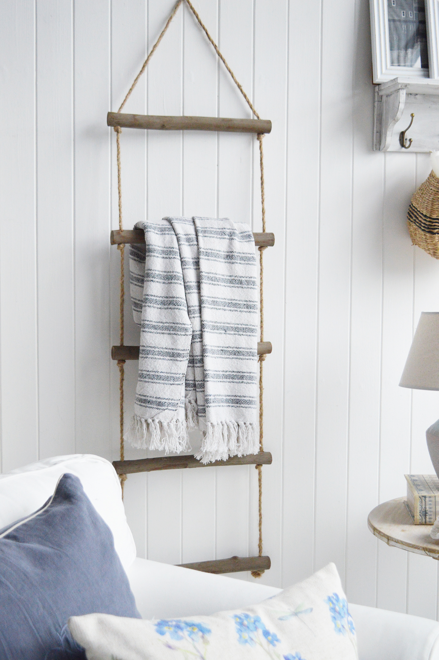 Rope blanket ladder for modern farmhouse coastal and country homes and interiors. New England furniture