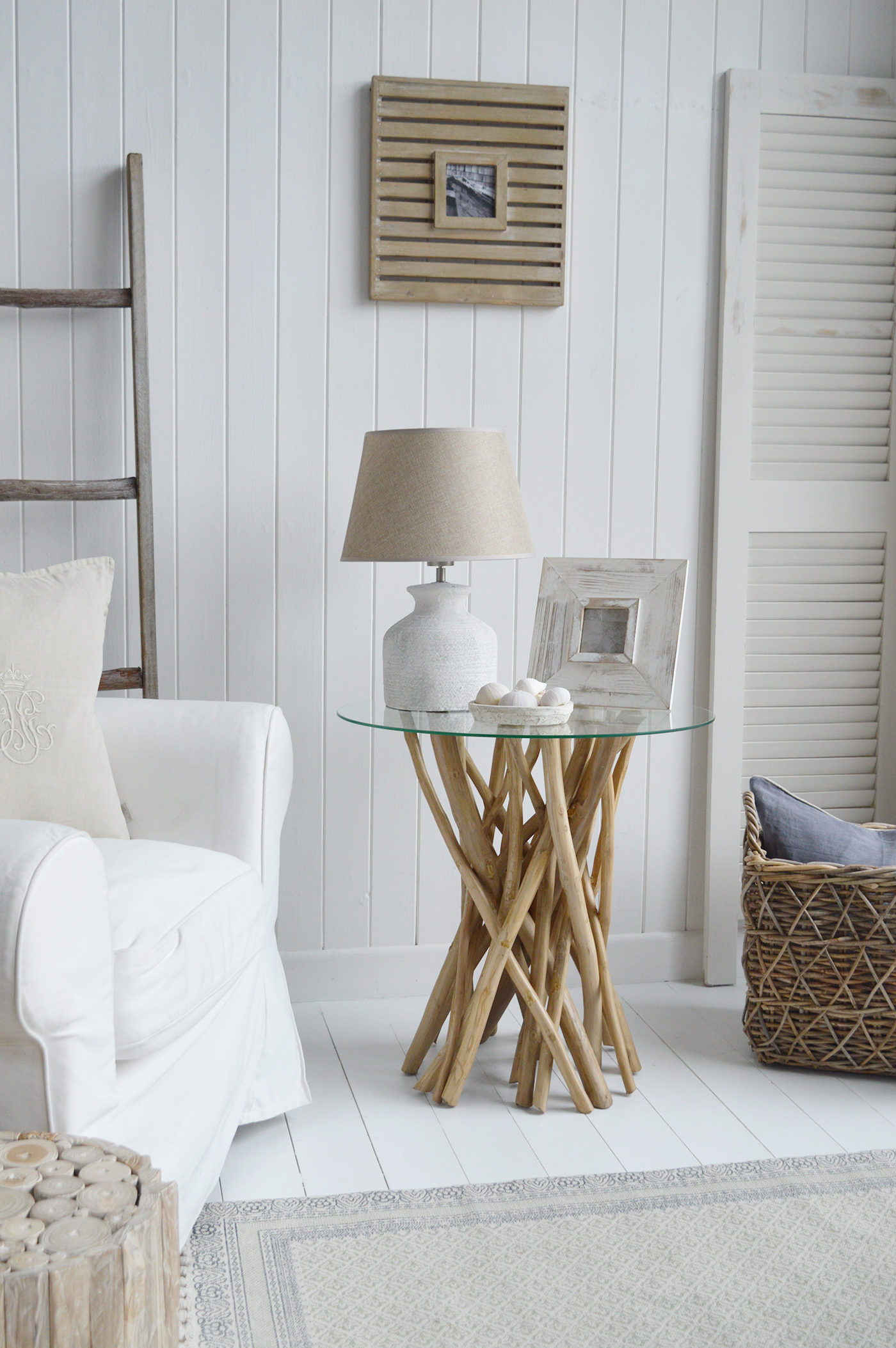 The Sag Harbor driftwood side, lamp, or bedside table for coastal furniture from The White Lighthouse. new England and Hamptons interiors and furniture for beautiful homes in coastal and country home interiors