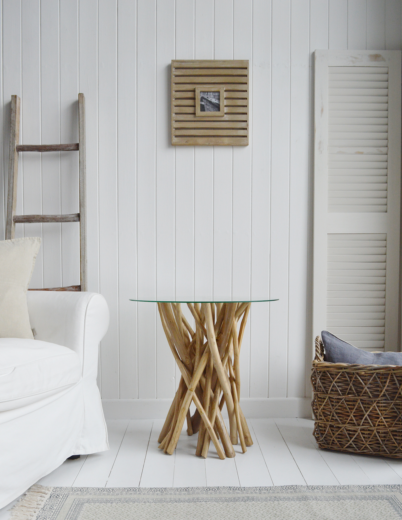 The Sag Harbor driftwood side, lamp, or bedside table for coastal furniture from The White Lighthouse. new England and Hamptons interiors and furniture for beautiful homes in coastal and country home interiors