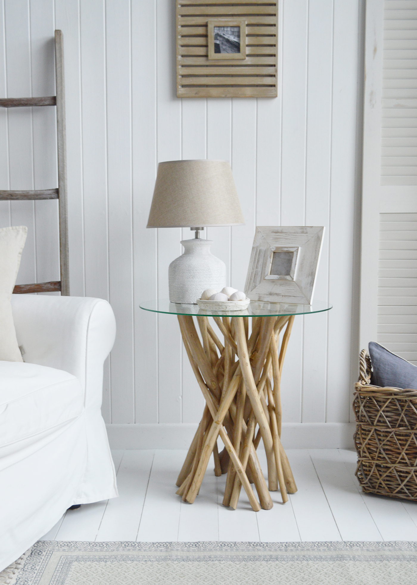 The Sag Harbor driftwood side, lamp, or bedside table for coastal furniture from The White Lighthouse. new England and Hamptons interiors and furniture for beautiful homes in coastal and country home interiors