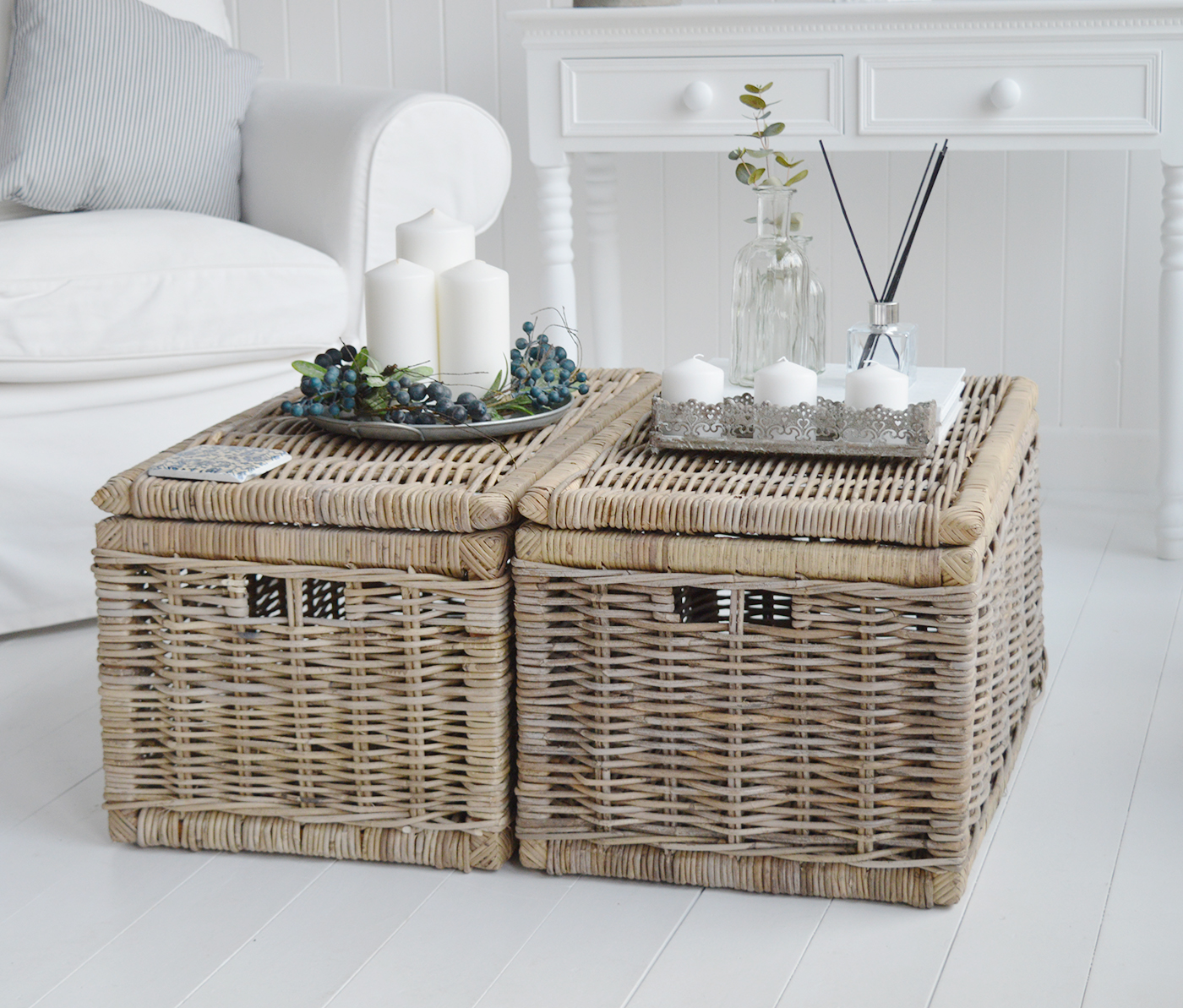 The Seaside  grey willow coffee table with storage for living room from The White Lighthouse. Bathroom, Living Room, Bedroom and Hallway Furniture for beautiful homes in coastal and country home interiors