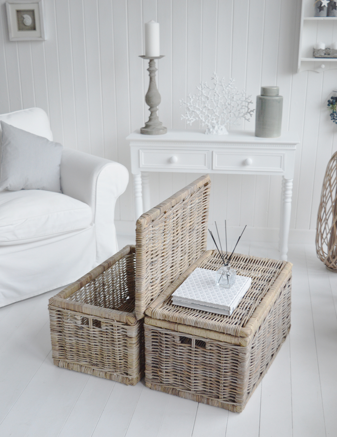 The Seaside  grey willow coffee table with storage for living room from The White Lighthouse. Bathroom, Living Room, Bedroom and Hallway Furniture for beautiful homes in coastal and country home interiors