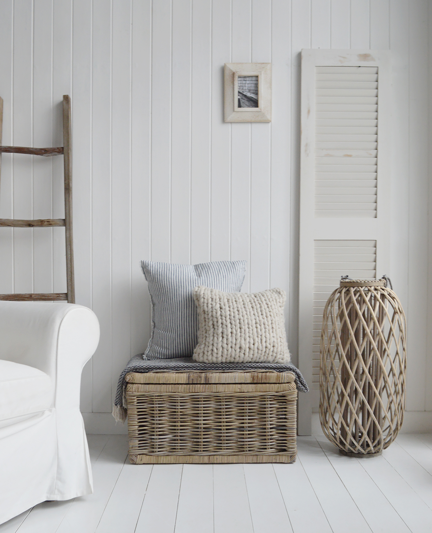 Seaside small as a side table, styled with cushions, throws and pillows, a great idea to offer extra storage in your living room ... modern farmhouse and coastal furniture ideas