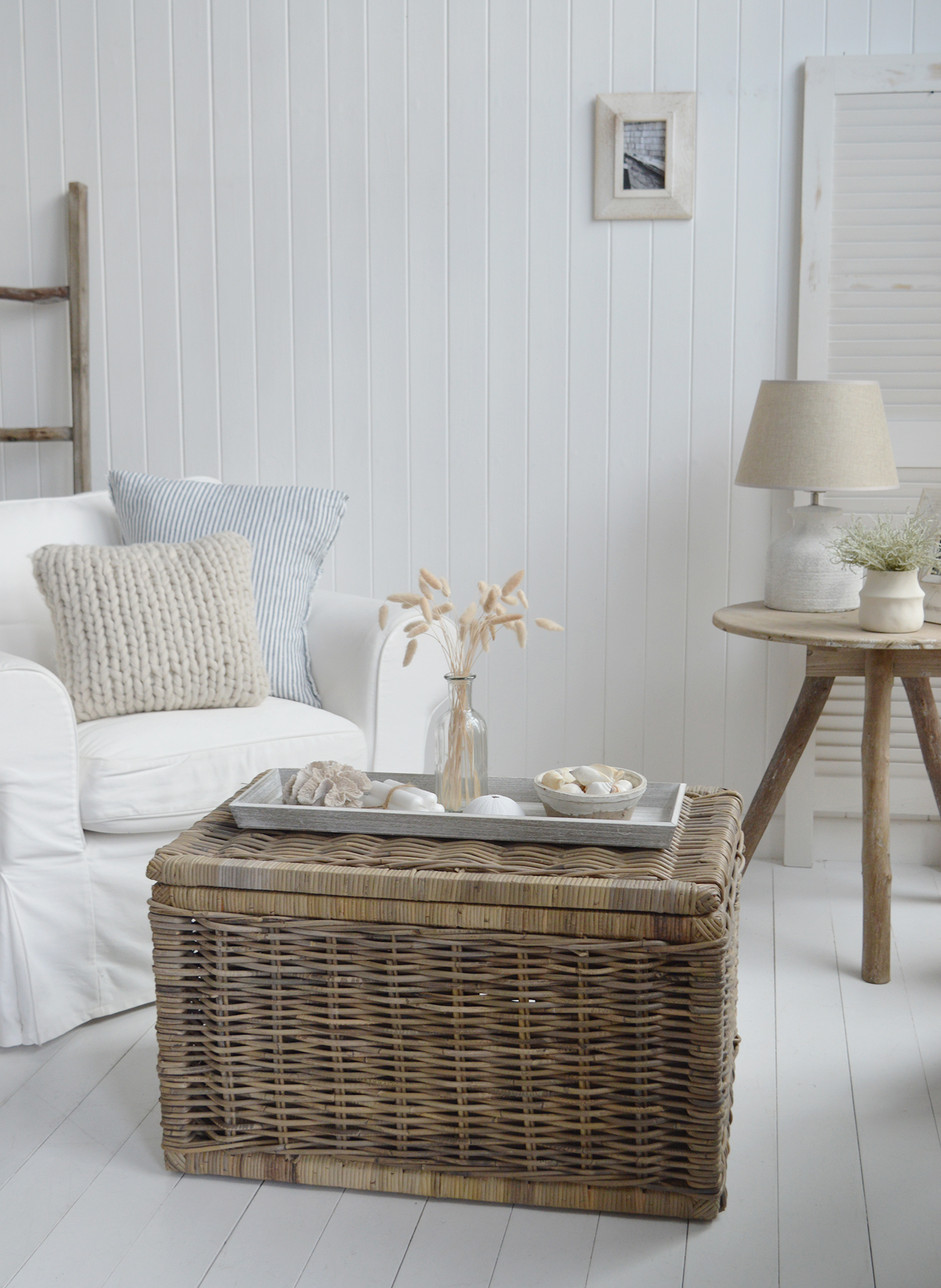 The large Seaside cottage coffee table styled with the Berwick tray layered with coastal pieces including faux coral, shells and grasses