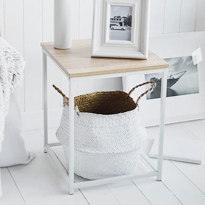 Southampton white lamp table for white living room furniture. New England styled interiors for country, coastal and city homes. Here we have placed our distressed white crown under for texture