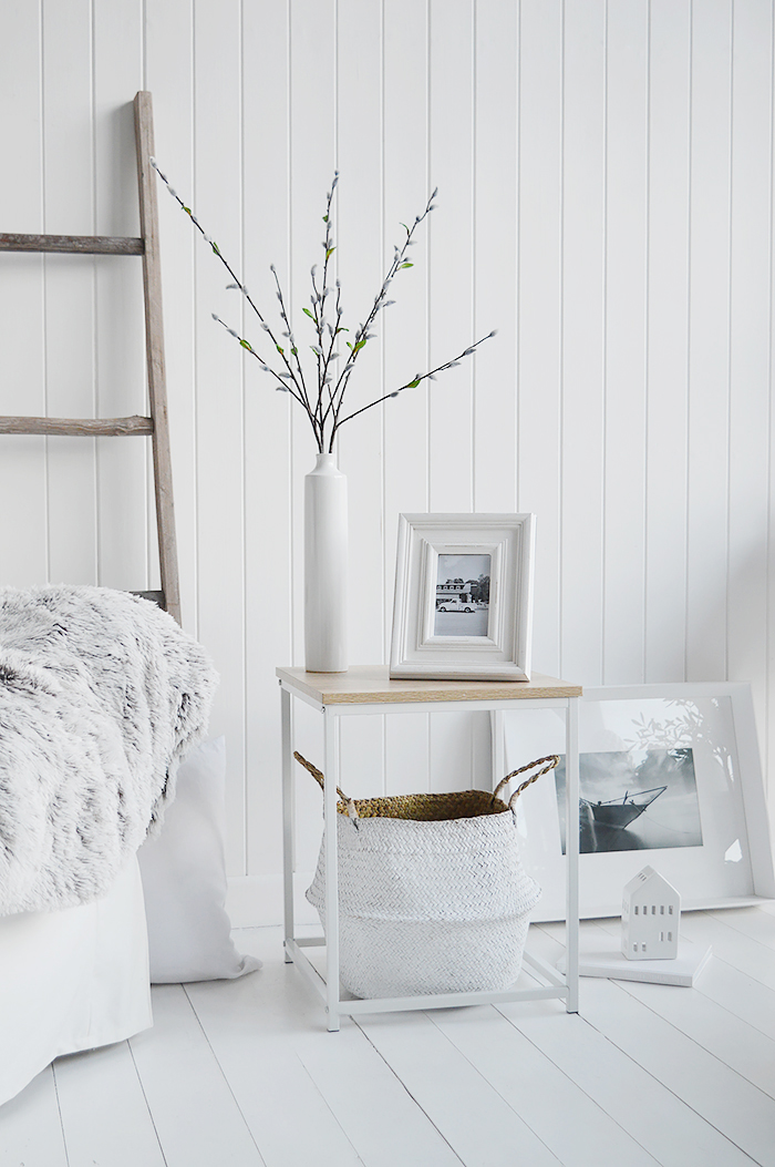 Southampton white lamp table for living room white furniture. New England styled interiors for country, coastal and city homes. Here we have placed our Kingston white baskets under for extra storage