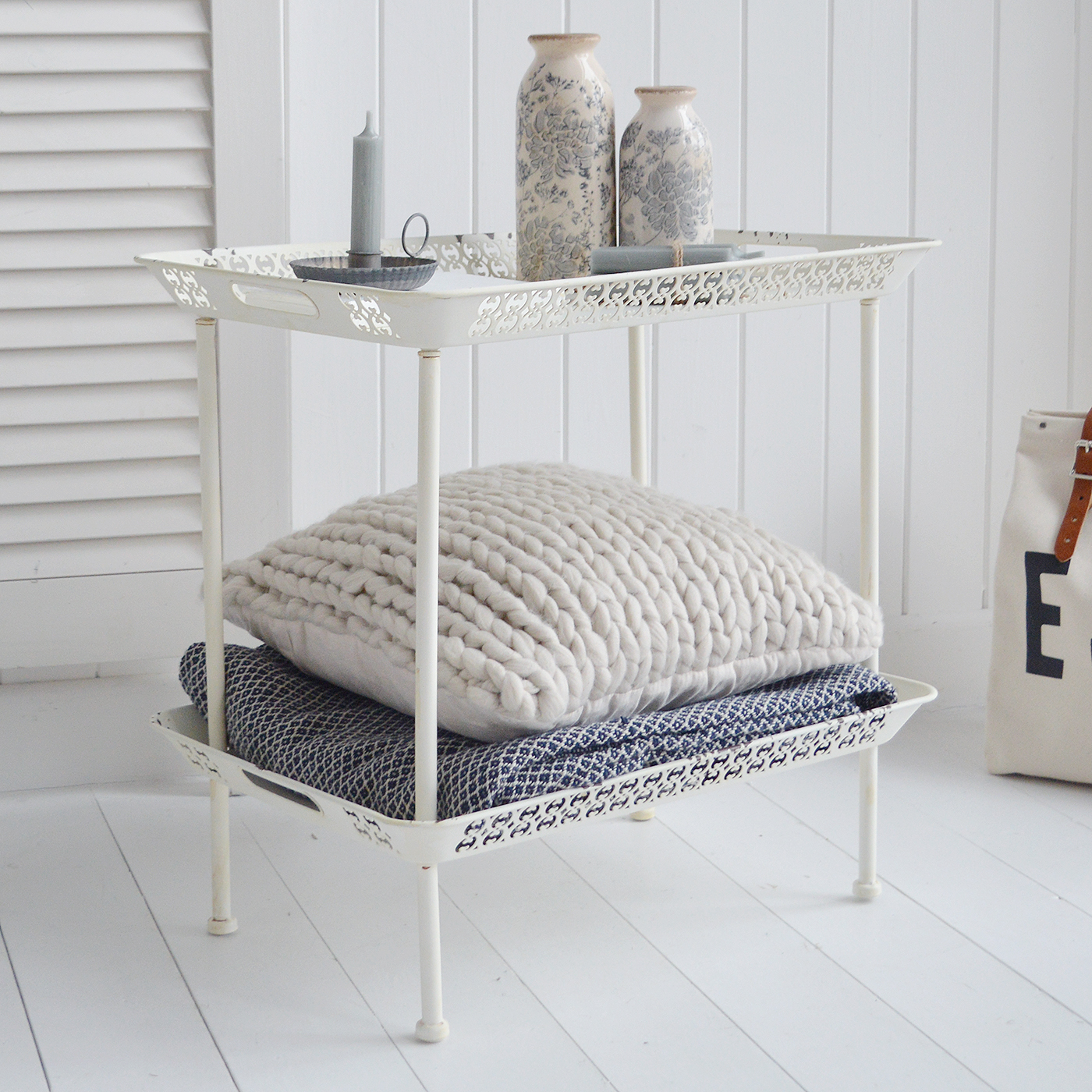 The Stockbridge distressed side table with two shelves, ideal for bedside, or living room lamp table. Bathroom, Living Room, Bedroom and Hallway Furniture for beautiful homes. Furniture for New England, country farm house and coastal styled home interior