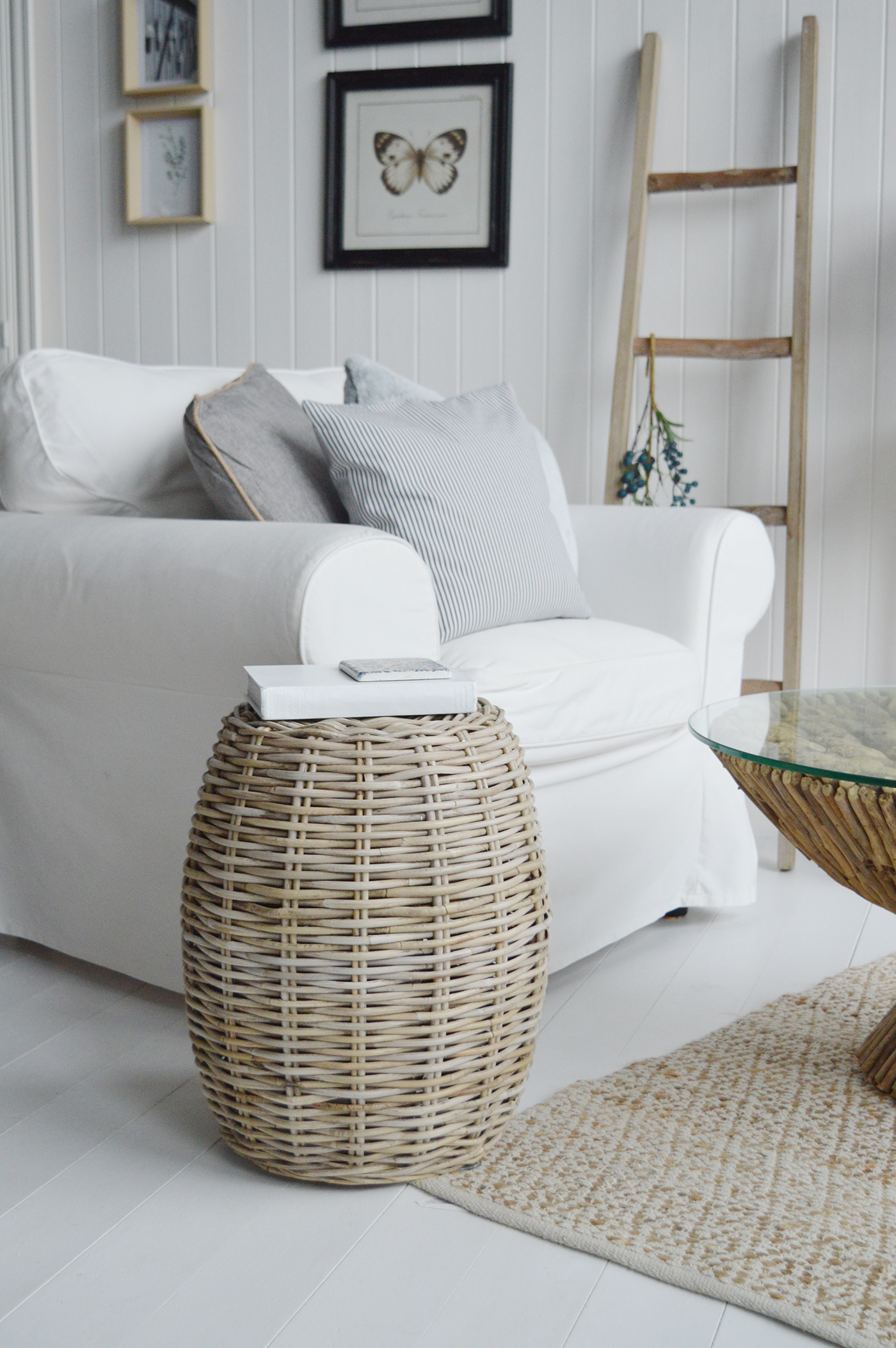 Oxford white wash willow seat or stool  - Ideal to add warmth with natural material in a coastal or New England living room interior decor from The White LIghthouse Furniture. Bathroom, Living Room, Bedroom and Hallway Furniture for beautiful homes