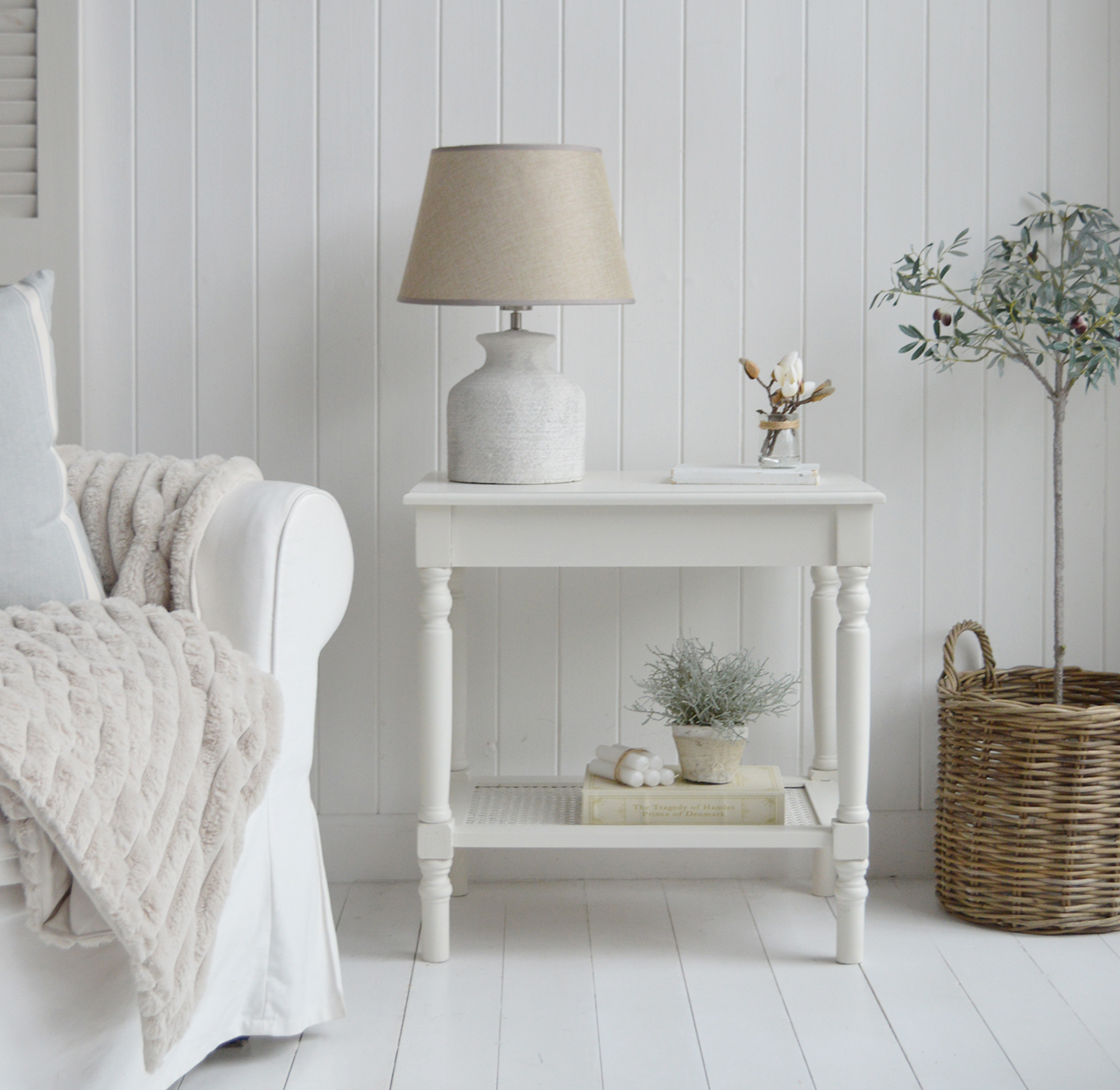 Sullivan Side or Lamp Table . Elegant New England Coastal Beach House and Modern Farmhouse Furniture to show beside a sofa