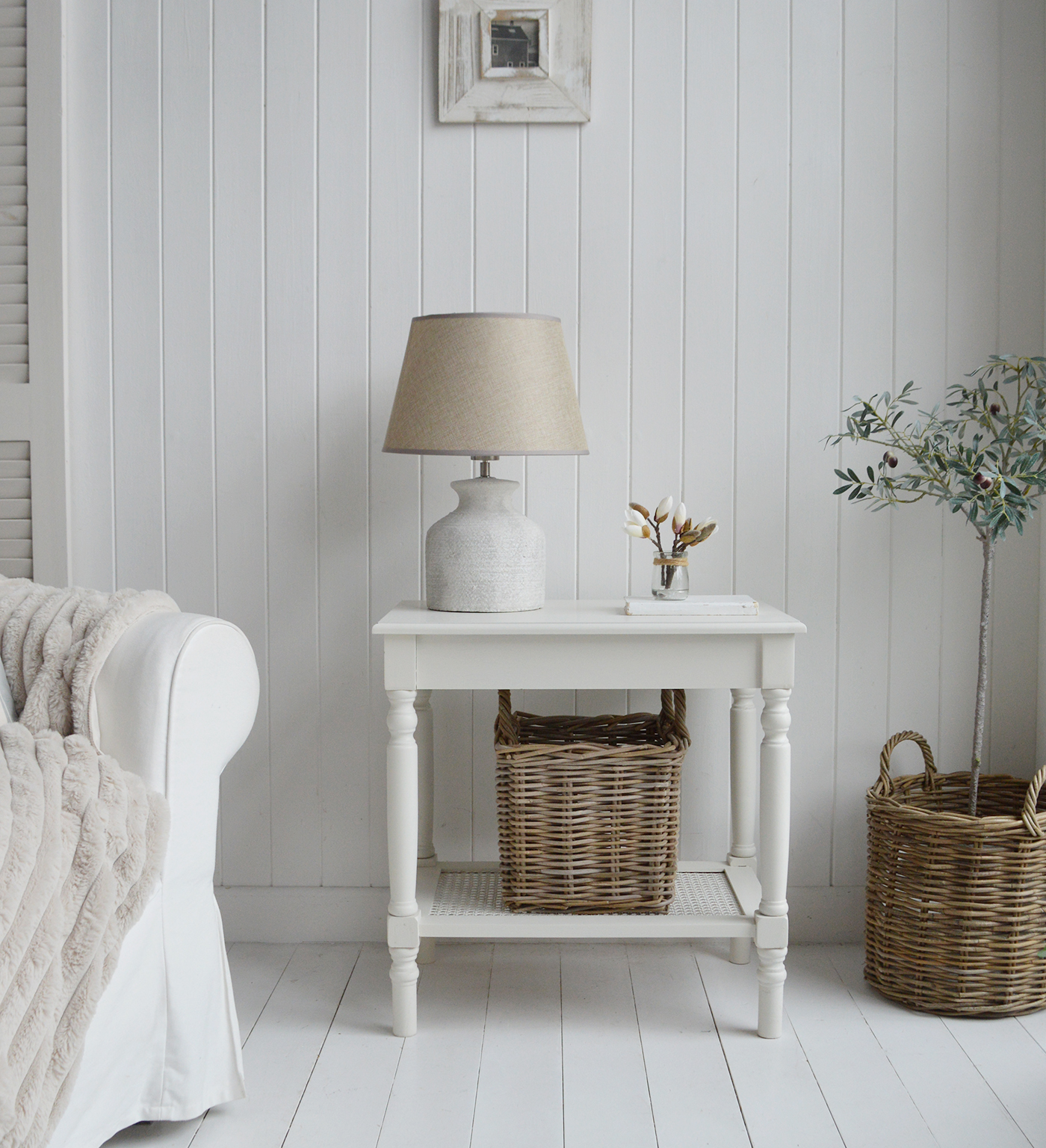Sullivan Side or Lamp Table with a shelf . Elegant New England Coastal Beach House and Modern Farmhouse Furniture
