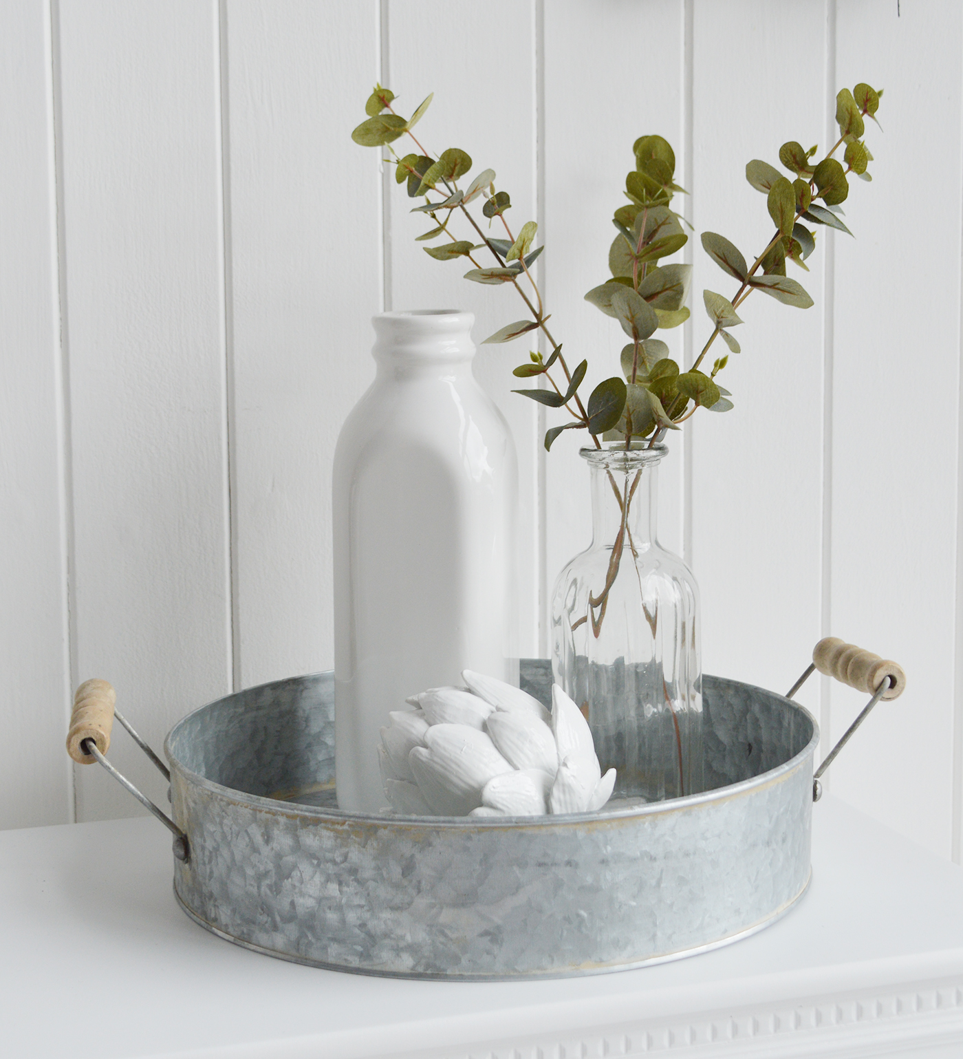 White Furniture and accessories for the home. Norfolk zinc tray with wooden handles for New England, Country and coastal home interior decor