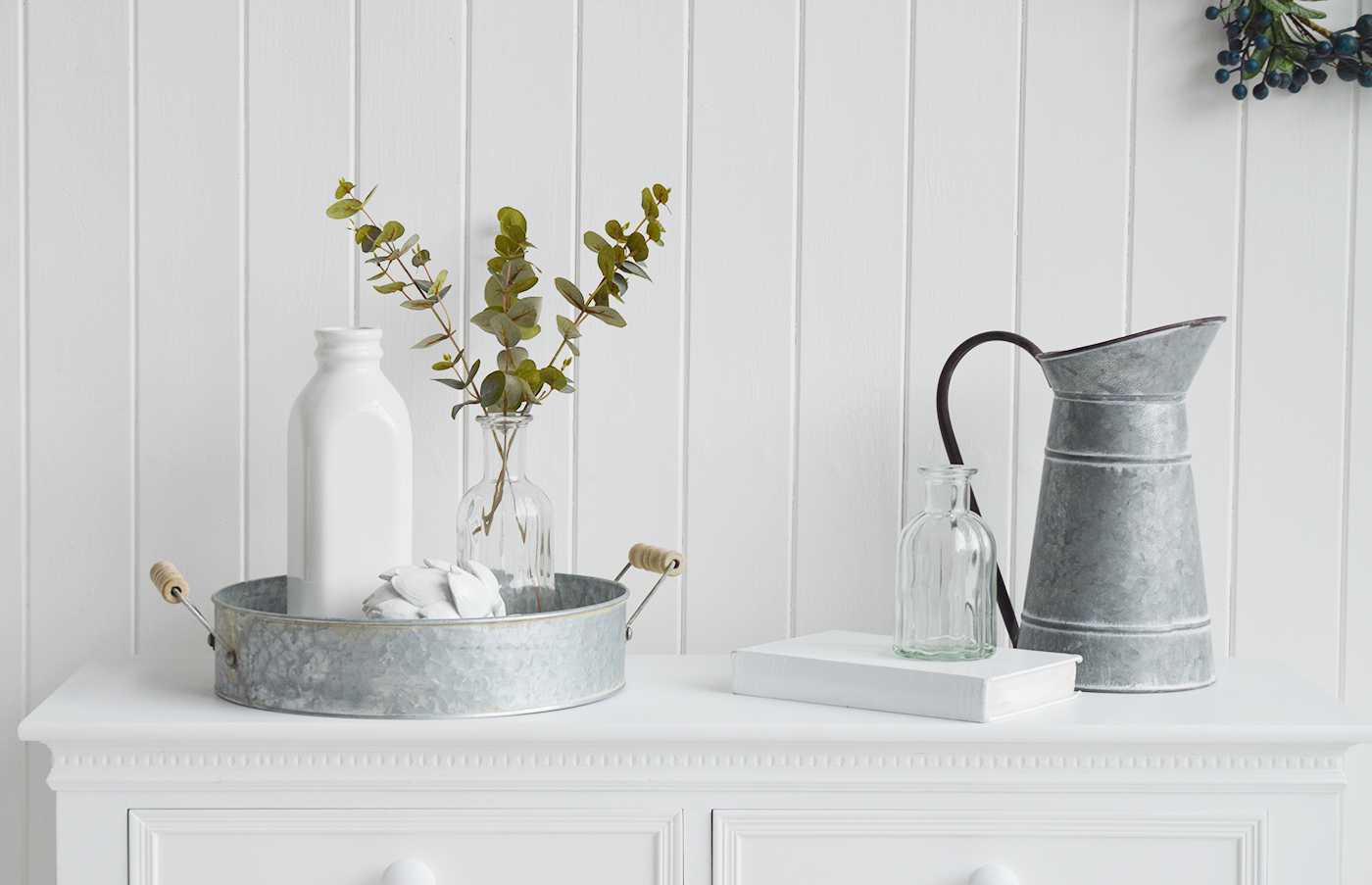 White Furniture and accessories for the home. Norfolk zinc tray with wooden handles for New England, Country and coastal home interior decor