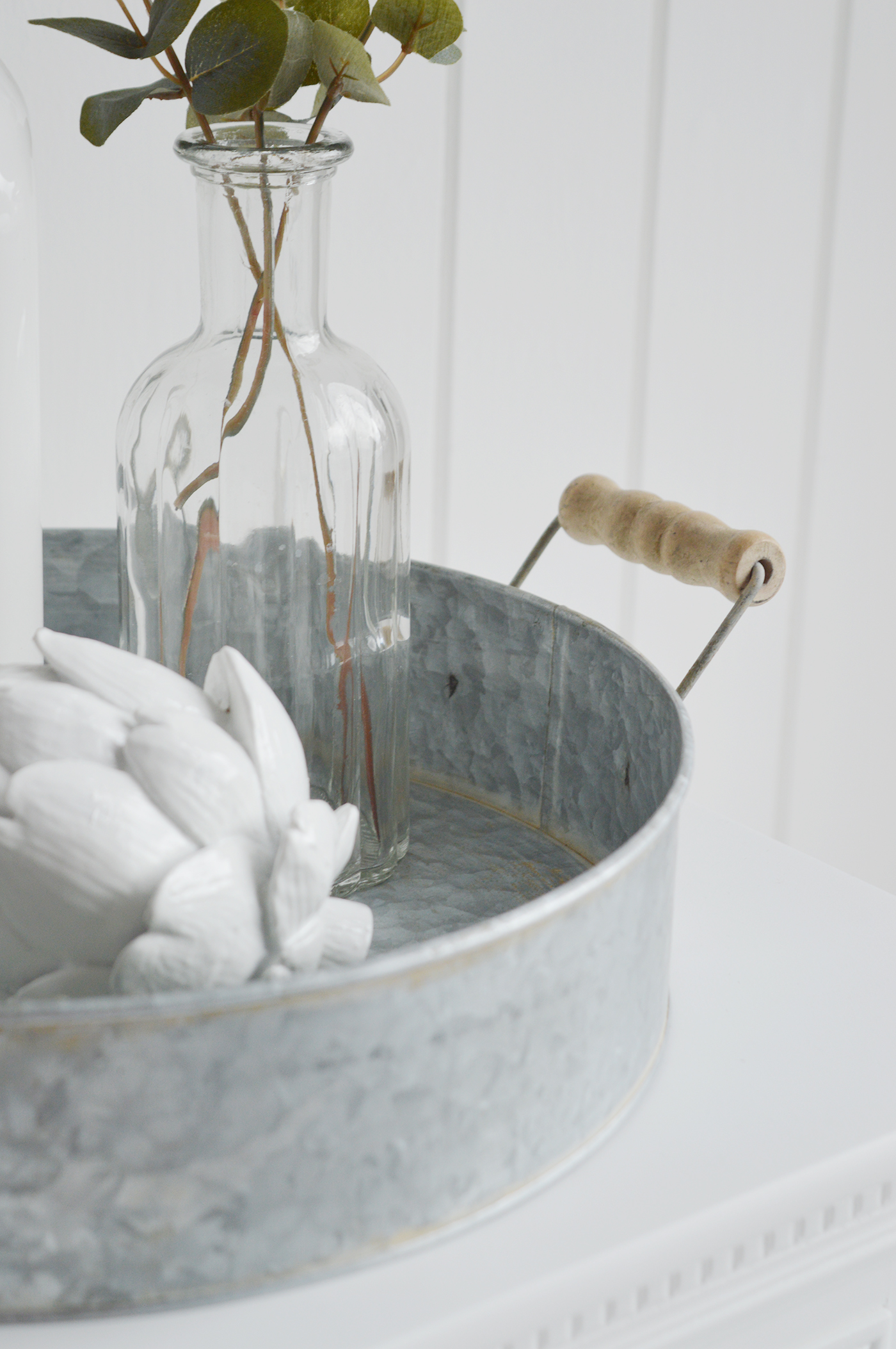 White Furniture and accessories for the home. Norfolk zinc tray with wooden handles for New England, Country and coastal home interior decor