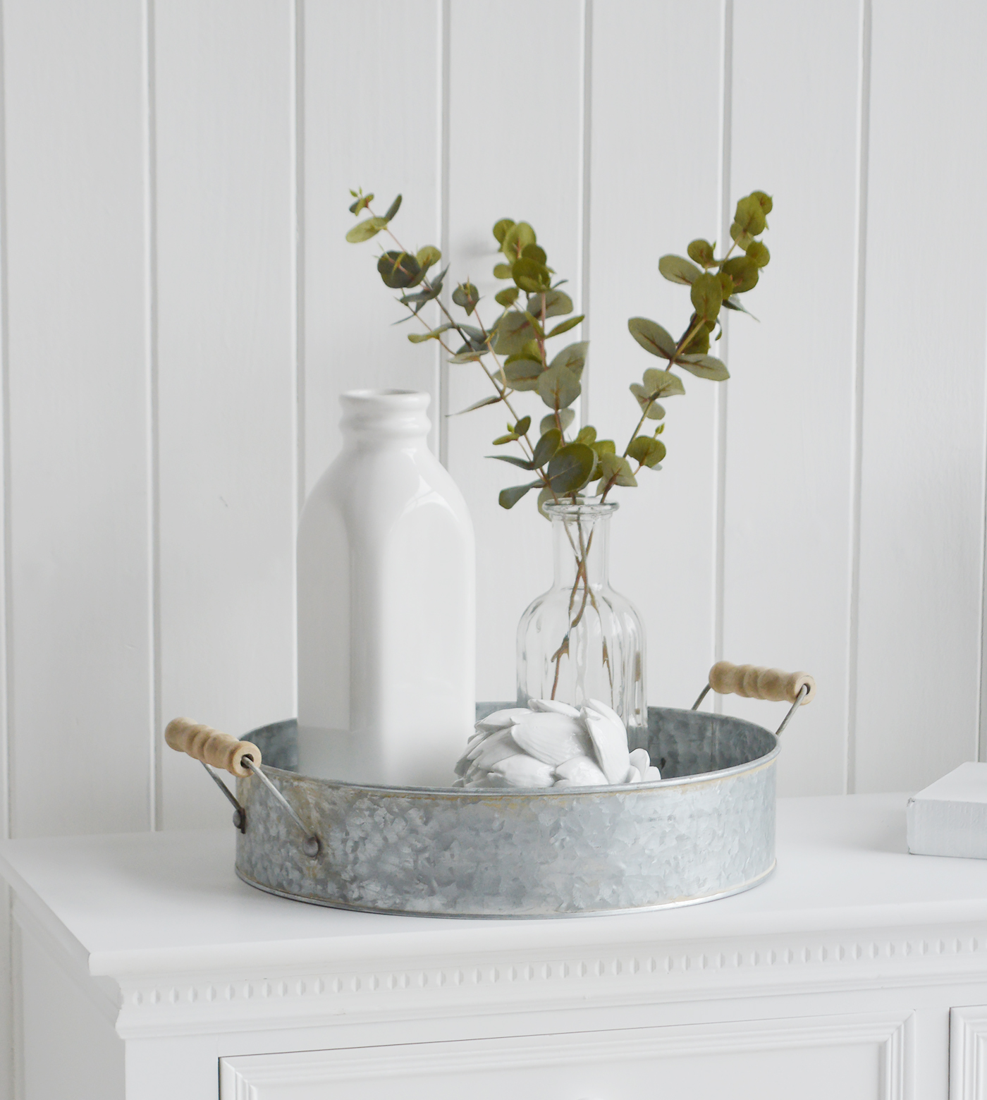 White Furniture and accessories for the home. Norfolk zinc tray with wooden handles for New England, Country and coastal home interior decor