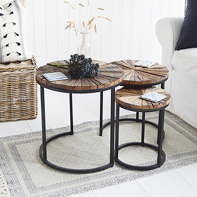 Woodstock nest of tables as a rustic coffee table for New England country, coastal and modern framhouse styled interiors for relaxed living room furniture