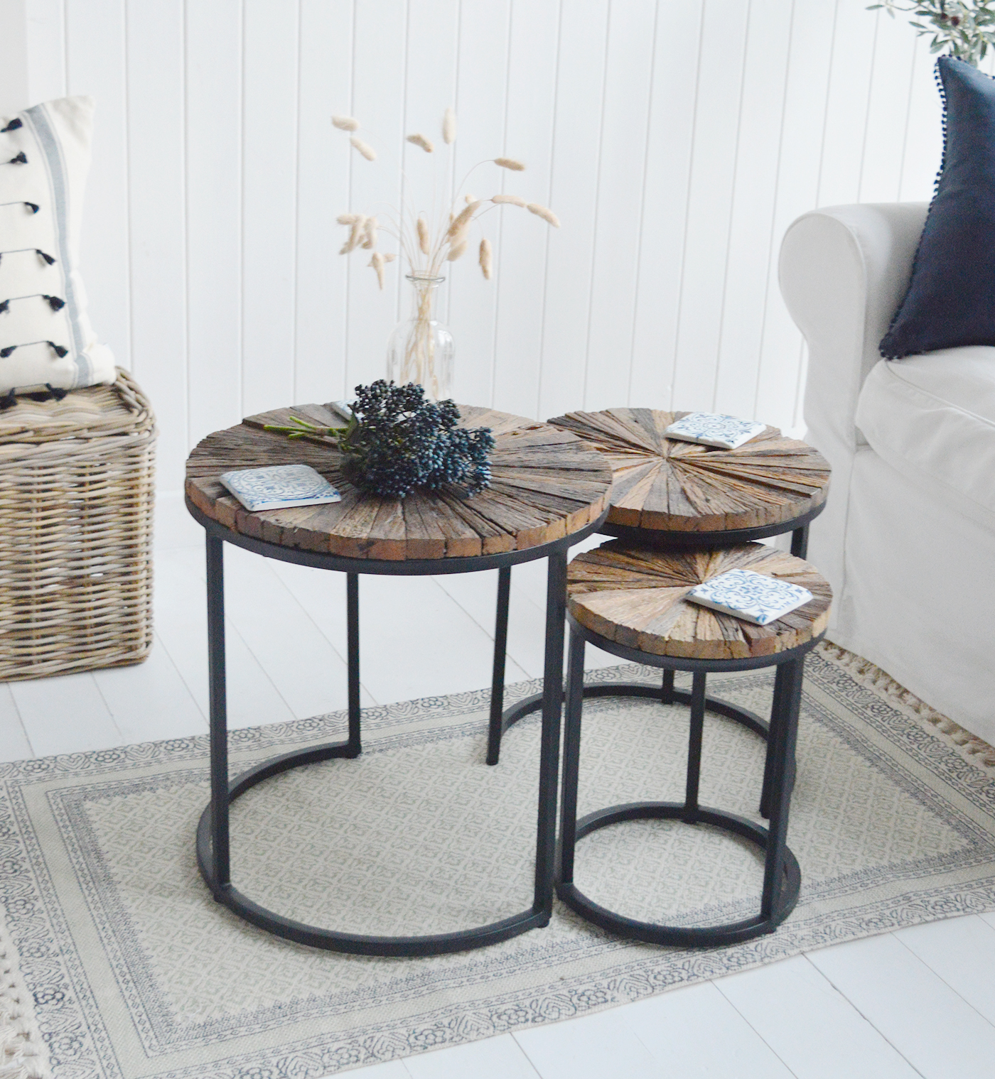 Woodstock nest of tables as a rustic coffee table for New England country, coastal and modern framhouse styled interiors for relaxed living room furniture