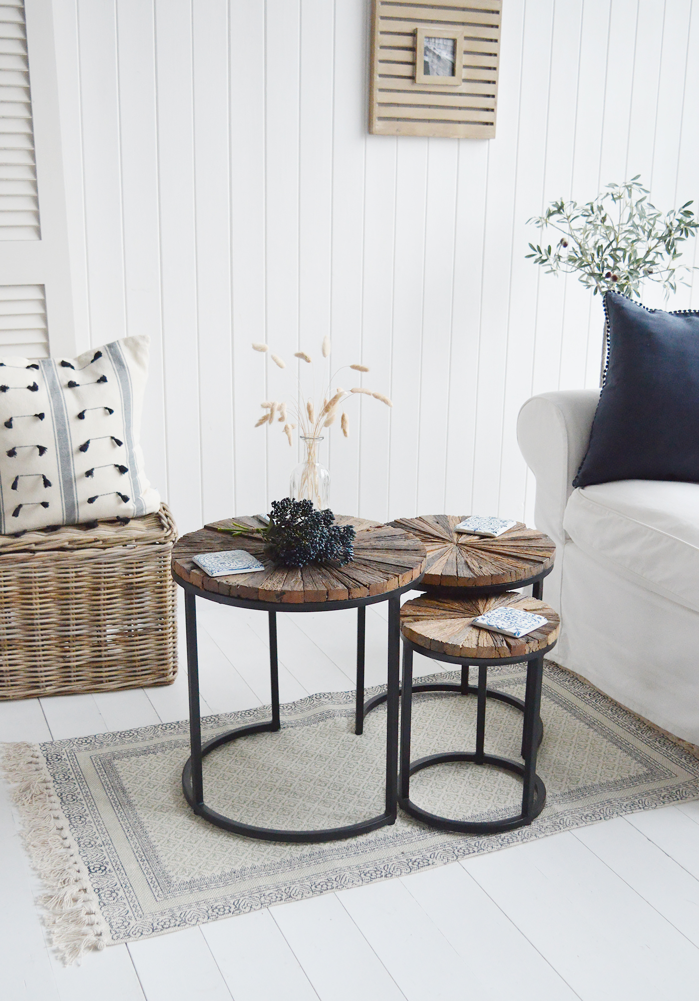 Woodstock nest of tables as a rustic coffee table for New England country, coastal and modern framhouse styled interiors for relaxed living room furniture