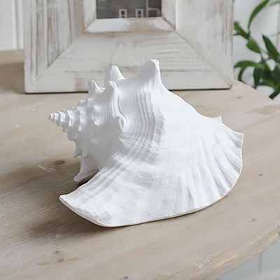 Resin White Conch Shell - Coffee Table Decor Elegant Coastal New England from The White Lighthouse Home. White Furniture and home decor accessories for the home interiors. New england and Hamptons interiors for luxury coastal home and beach house interiors