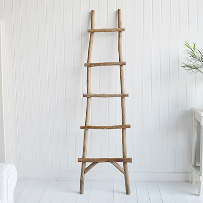 Driftwood Blanket Ladder - blankets, towels, wooden ladders from The White Lighthouse Furniture for New England interiors. Perfectly suited for coastal, modern farmhouse and country neutral interiors