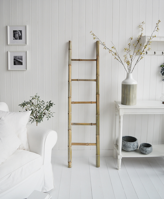 Hudson blanket ladder or clothes stand. White and New England Coastal Country Furniture and accessories for the kitchen. Bathroom, Living Room, Bedroom and Hallway Furniture for beautiful homes