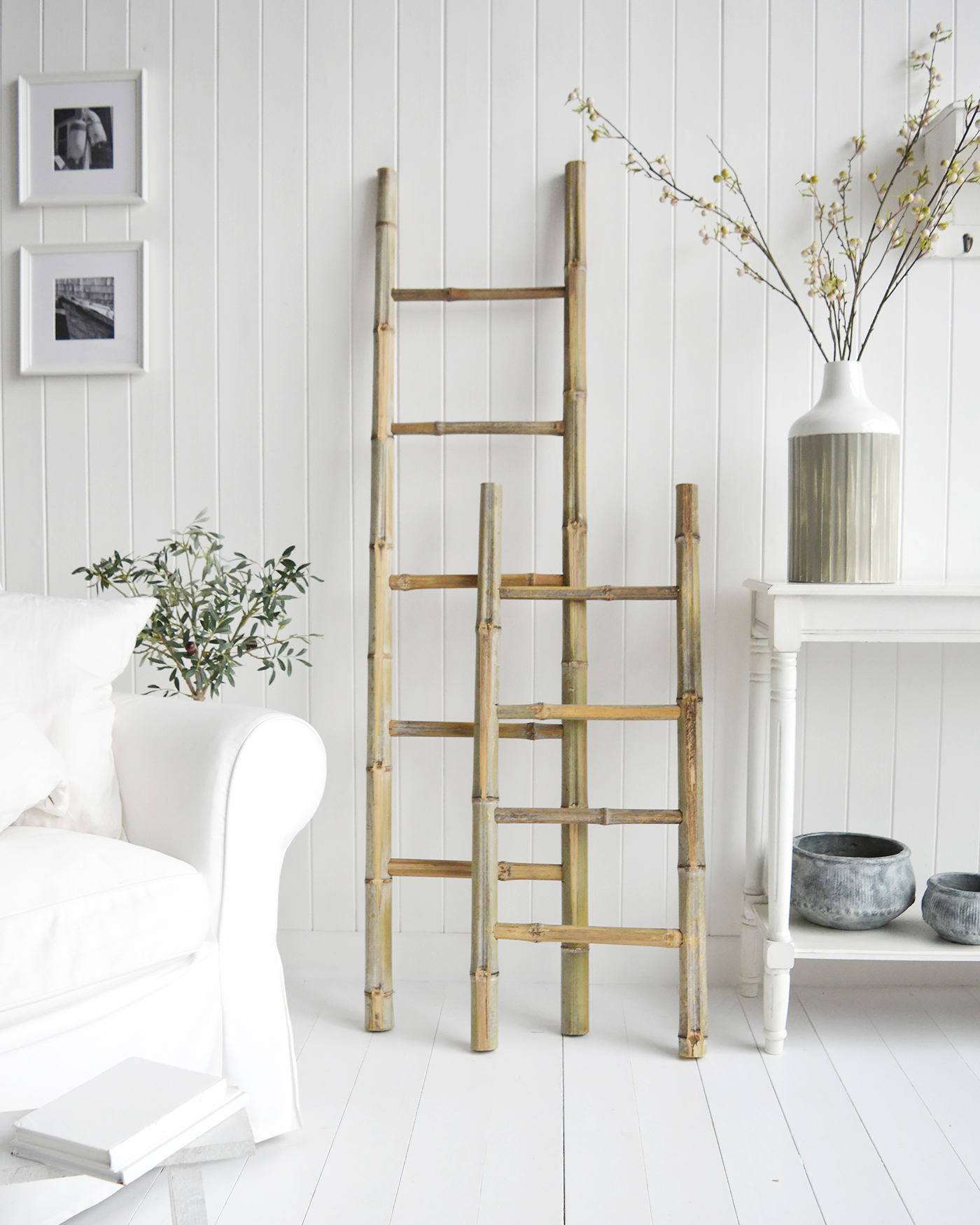 Hudson ladder or clothes stand. White and New England Coastal Country Furniture and accessories for the kitchen. Bathroom, Living Room, Bedroom and Hallway Furniture for beautiful homes