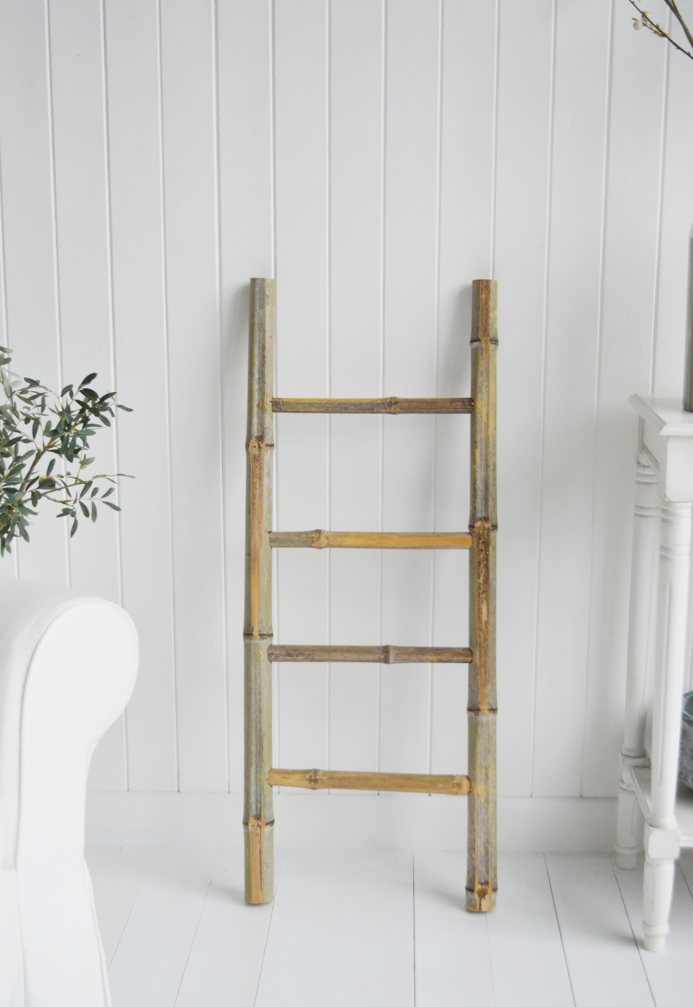 Hudson blanket ladder or clothes stand. White and New England Coastal Country Furniture and accessories for the kitchen. Bathroom, Living Room, Bedroom and Hallway Furniture for beautiful homes