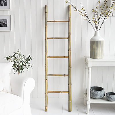 Hudson blanket ladder or clothes stand. White and New England Coastal Country Furniture and accessories for the kitchen. Bathroom, Living Room, Bedroom and Hallway Furniture for beautiful homes