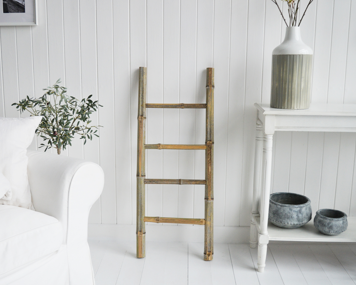 Hudson blanket ladder or clothes stand. White and New England Coastal Country Furniture and accessories for the kitchen. Bathroom, Living Room, Bedroom and Hallway Furniture for beautiful homes