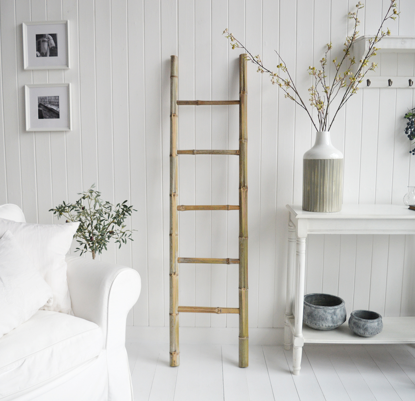 Hudson blanket ladder or clothes stand. White and New England Coastal Country Furniture and accessories for the kitchen. Bathroom, Living Room, Bedroom and Hallway Furniture for beautiful homes