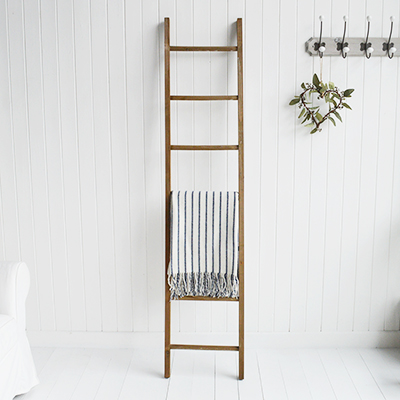 Tall Oxford blanket Ladder - blankets, towels, wooden ladders from The White Lighthouse Furniture for New England interiors. Perfectly suited for coastal, modern farmhouse and country neutral interiors