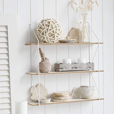 Providence White Wall Shelf with pegs for  coastal New England look furniture