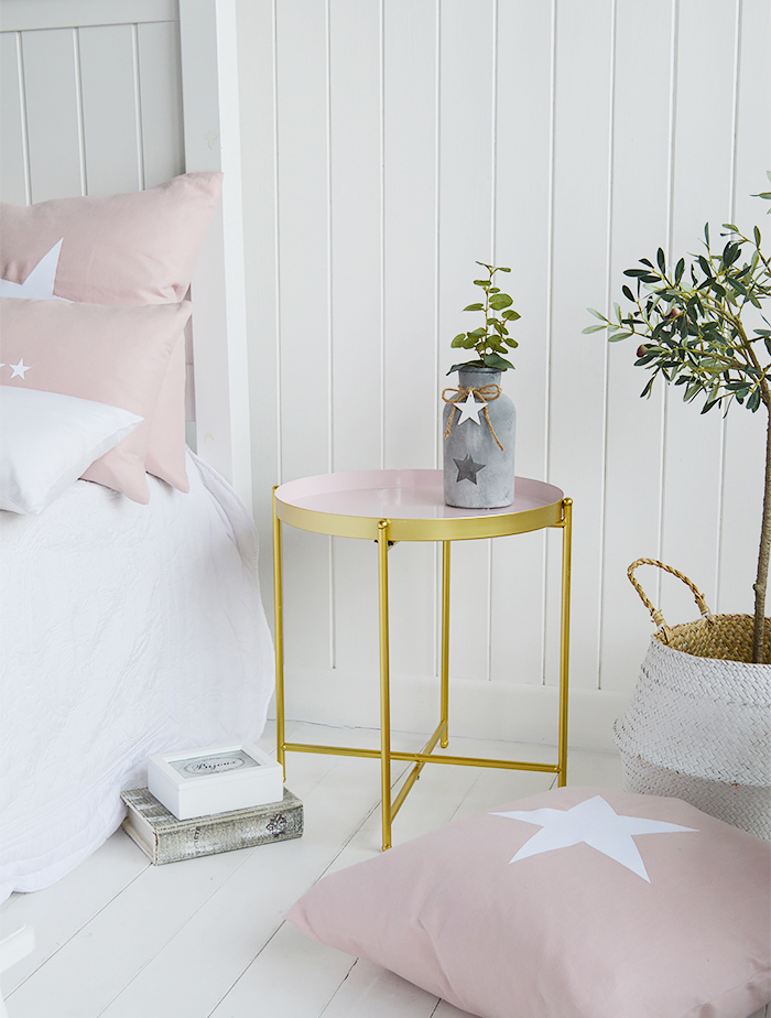 As home to Harvard University and its cafe culture, we have designed our Cambridge table to appeal to the slightly more Bohemain edge of the typical New England style.  A very simple, but striking table in pink and gold that is ideal as a lamp table in the living room or bedside t able in the bedroom