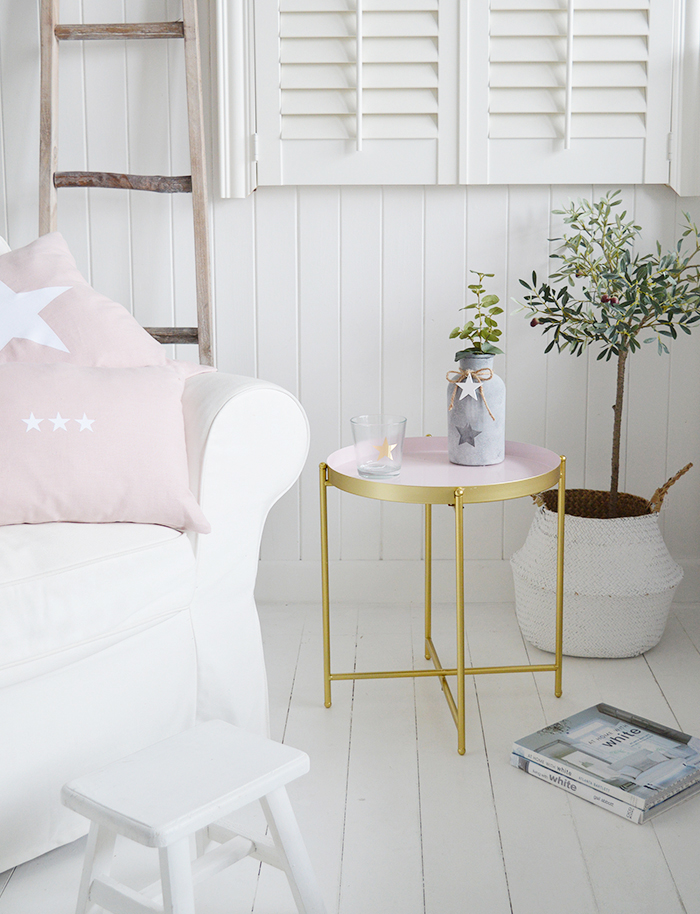 As home to Harvard University and its cafe culture, we have designed our Cambridge table to appeal to the slightly more Bohemain edge of the typical New England style.  A very simple, but striking table in pink and gold that is ideal as a lamp table in the living room or bedside t able in the bedroom