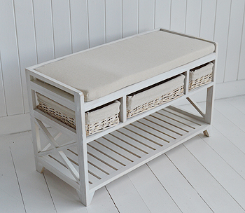 Cape Cod white wash shoe storage bench hallway furniture