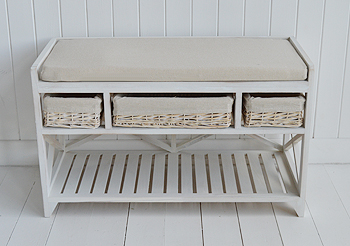 Hall shoe storage furniture Cape Cod white wash shoe storage bench