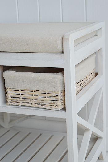 Cape Cod white wash shoe storage bench close