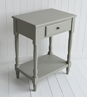 Charleston grey and white table for bedside, console or lamp. Grey and white interior design for homes