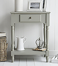 Charleston Grey Table for bedroom, hall and living room furniture. Grey and white home interiors design