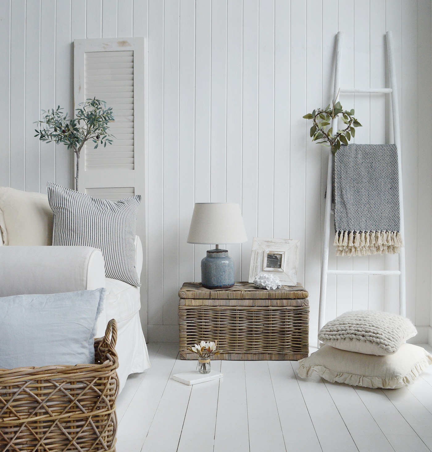 Seaside small coastal coffe table or lamp table - shown here with faux coral, the Westom white washed photo frame and Blue compton lamp