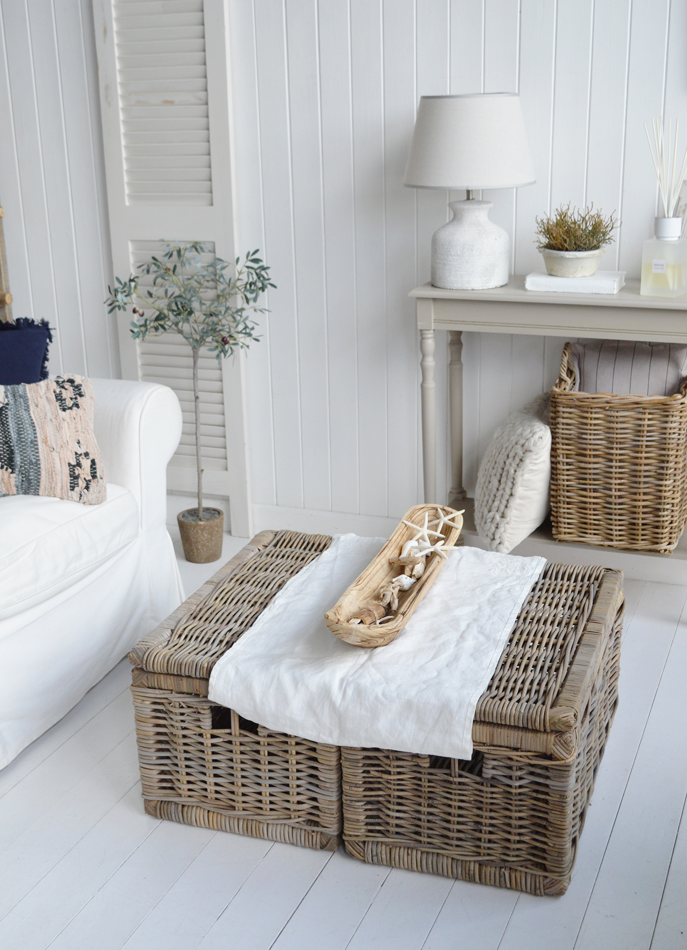 The Seaside Beach House coffee table with storage for a Hamptons living room on the coast