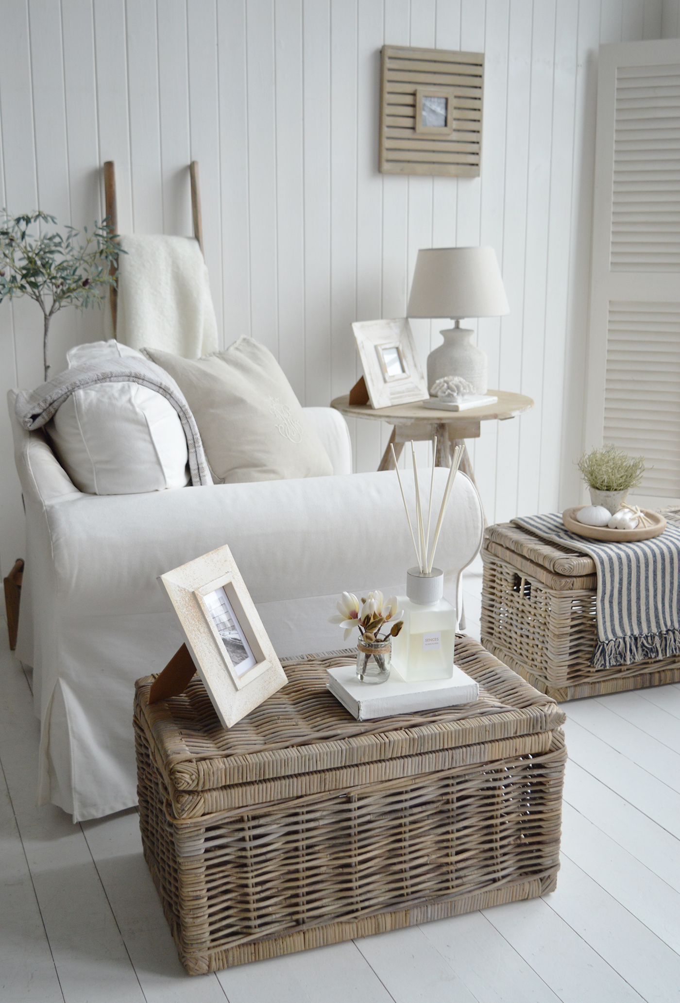 The coastal Seaside basket as a side table with storage for modern farmhouse, country and coastal homes and interiors