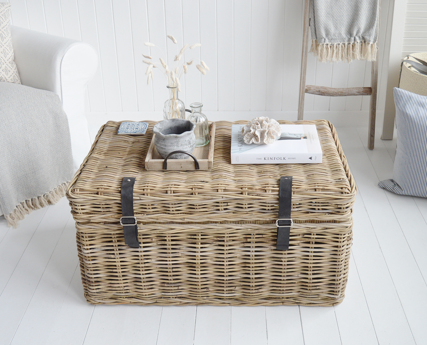 The Brentwood grey willow coffee table with storage for living room from The White Lighthouse. Bathroom, Living Room, Bedroom and Hallway Furniture for beautiful homes in New England modern farmhouse, coastal and country home interiors