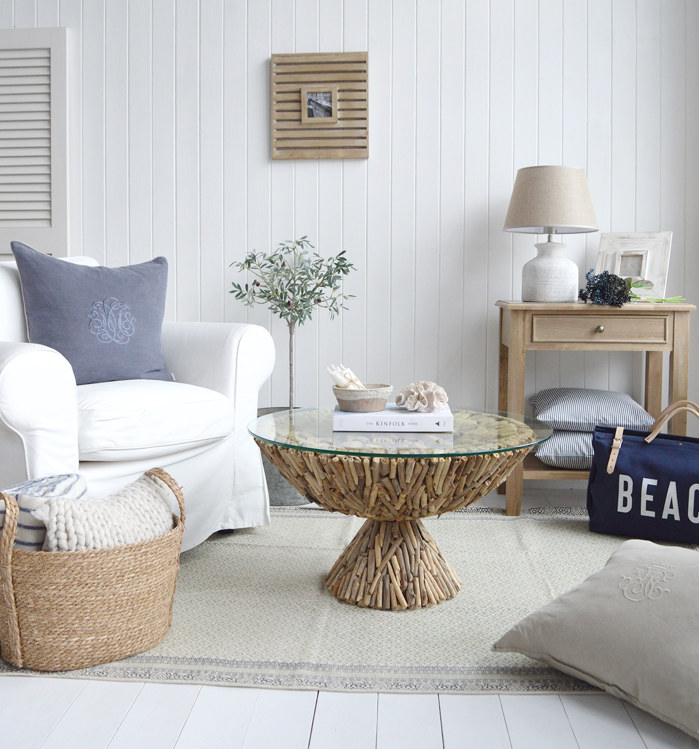 The Sag Harbor driftwood coffee table for living room from The White Lighthouse. Bathroom, Living Room, Bedroom and Hallway Furniture for beautiful homes in coastal and country home interiors
