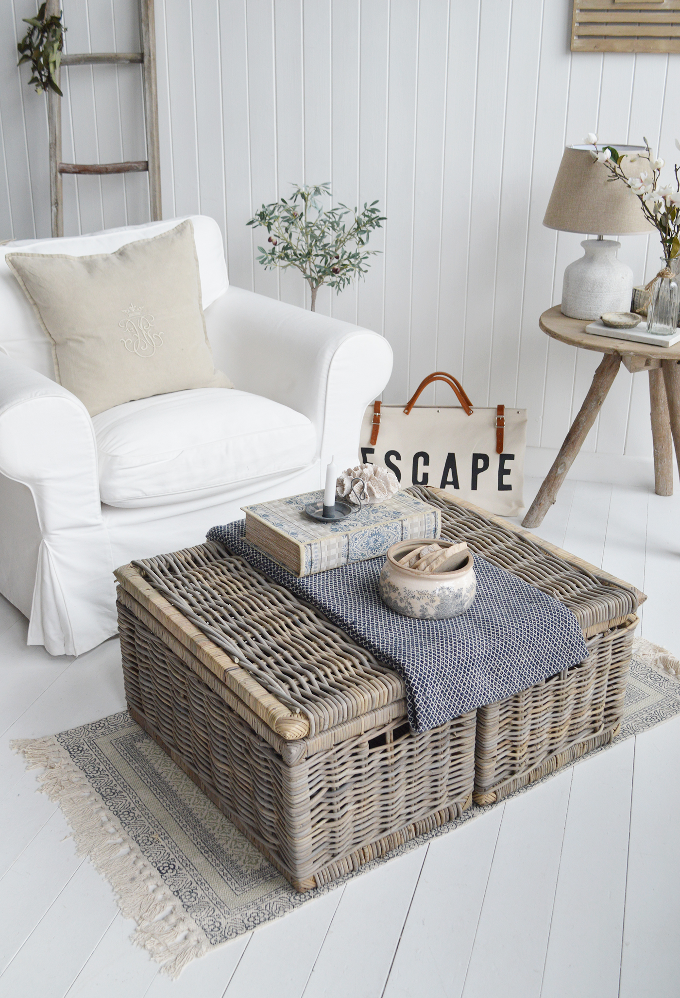 Seaside cottage Wicker storage coffee table for New Engladn Interiors. Coastal, modern country and farmhouse furniture and home decor
