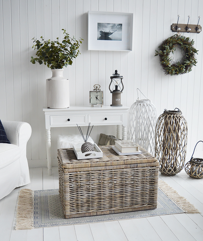 The tall white lantern and Seaside  grey willow coffee table with storage for living room from The White Lighthouse. Bathroom, Living Room, Bedroom and Hallway Furniture for beautiful homes in coastal and country home interiors