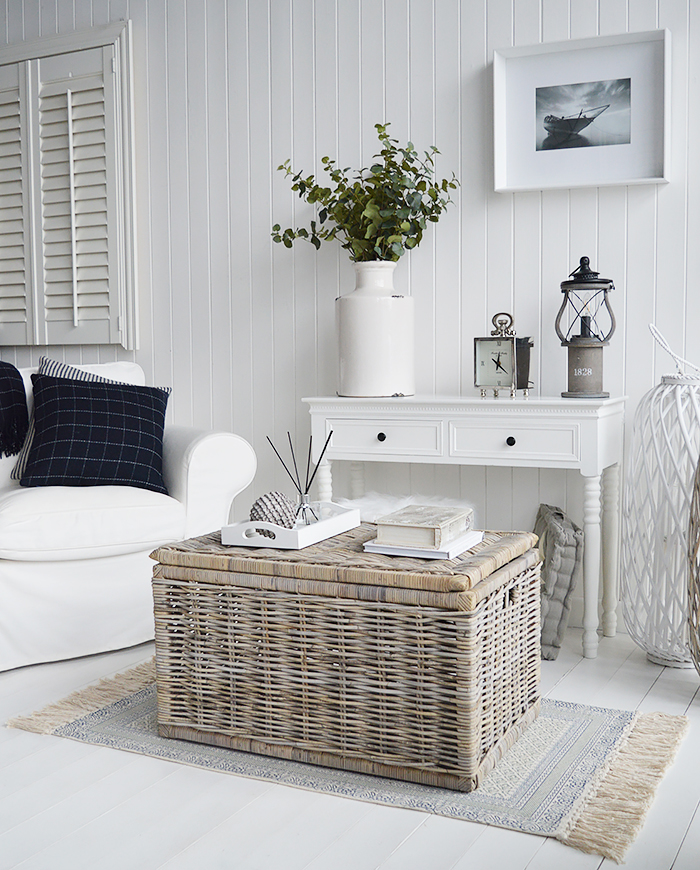 The Seaside  grey willow coffee table with storage and the white console table with two drawers for living room from The White Lighthouse. Bathroom, Living Room, Bedroom and Hallway Furniture for beautiful homes in coastal and country home interiors
