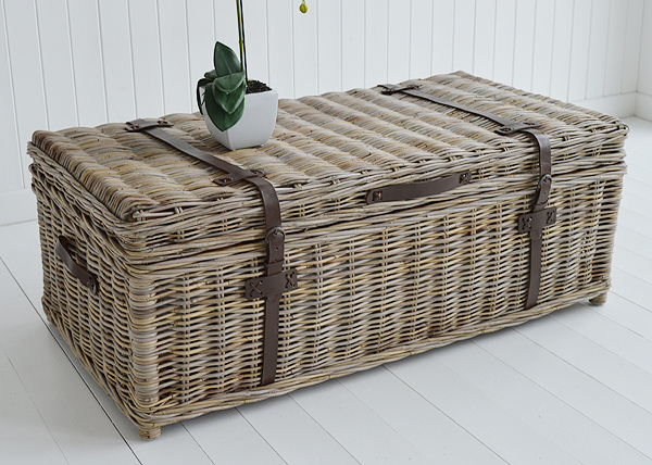 living room Seaside willow coffee table with storage, greyed textural piece of furniture for coastal, country and modern farmhouse styled hopmes and interiors