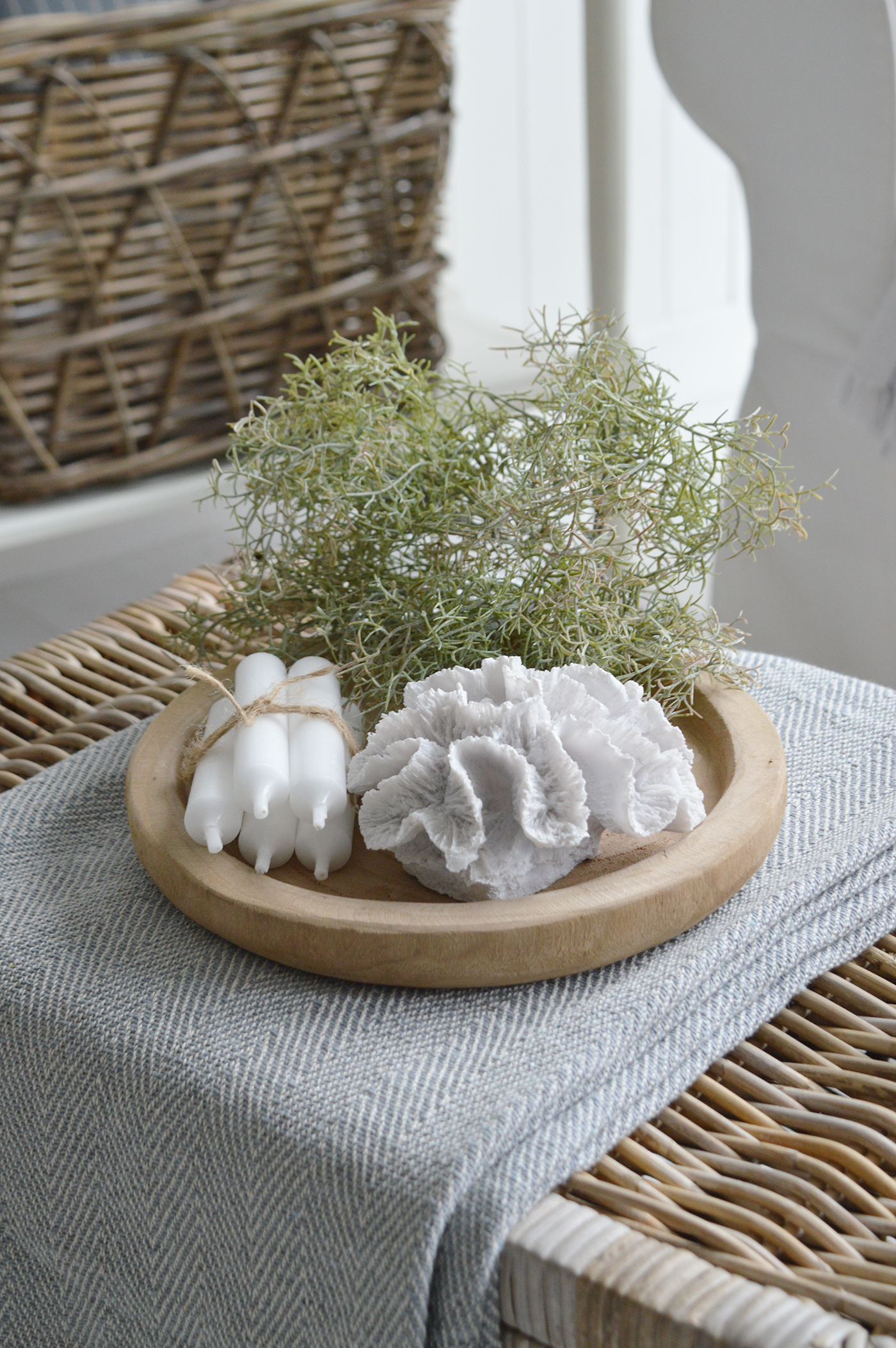 Faux Spanish Moss in coastal styling on a coffee table