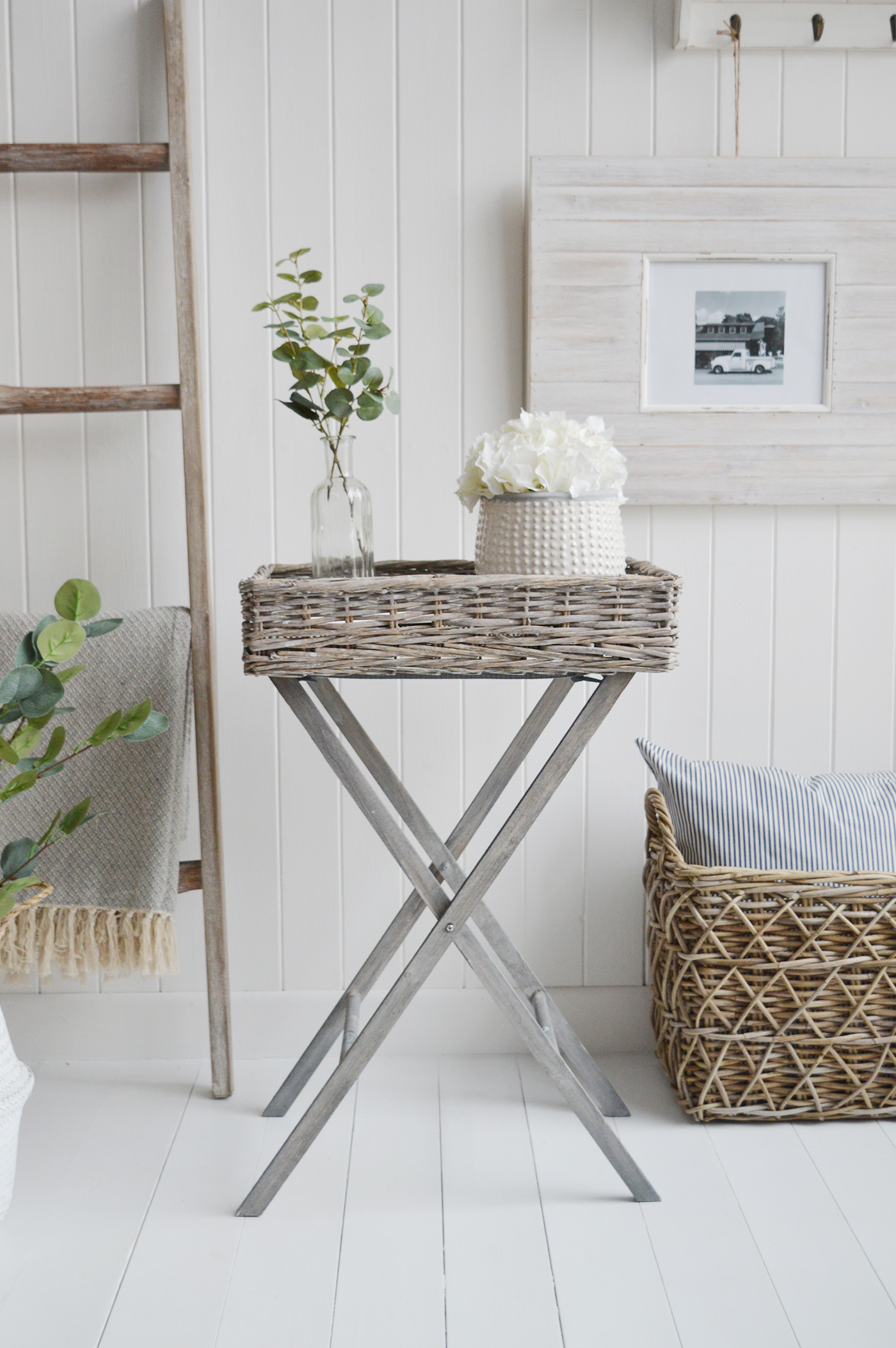 The White Lighthouse  furniture. The Cornwall grey willow folding side table, ideal for bedside, or living room lamp table. Bathroom, Living Room, Bedroom and Hallway Furniture for beautiful homes. Furniture for New England, country, farm house and coastal styled home interiors