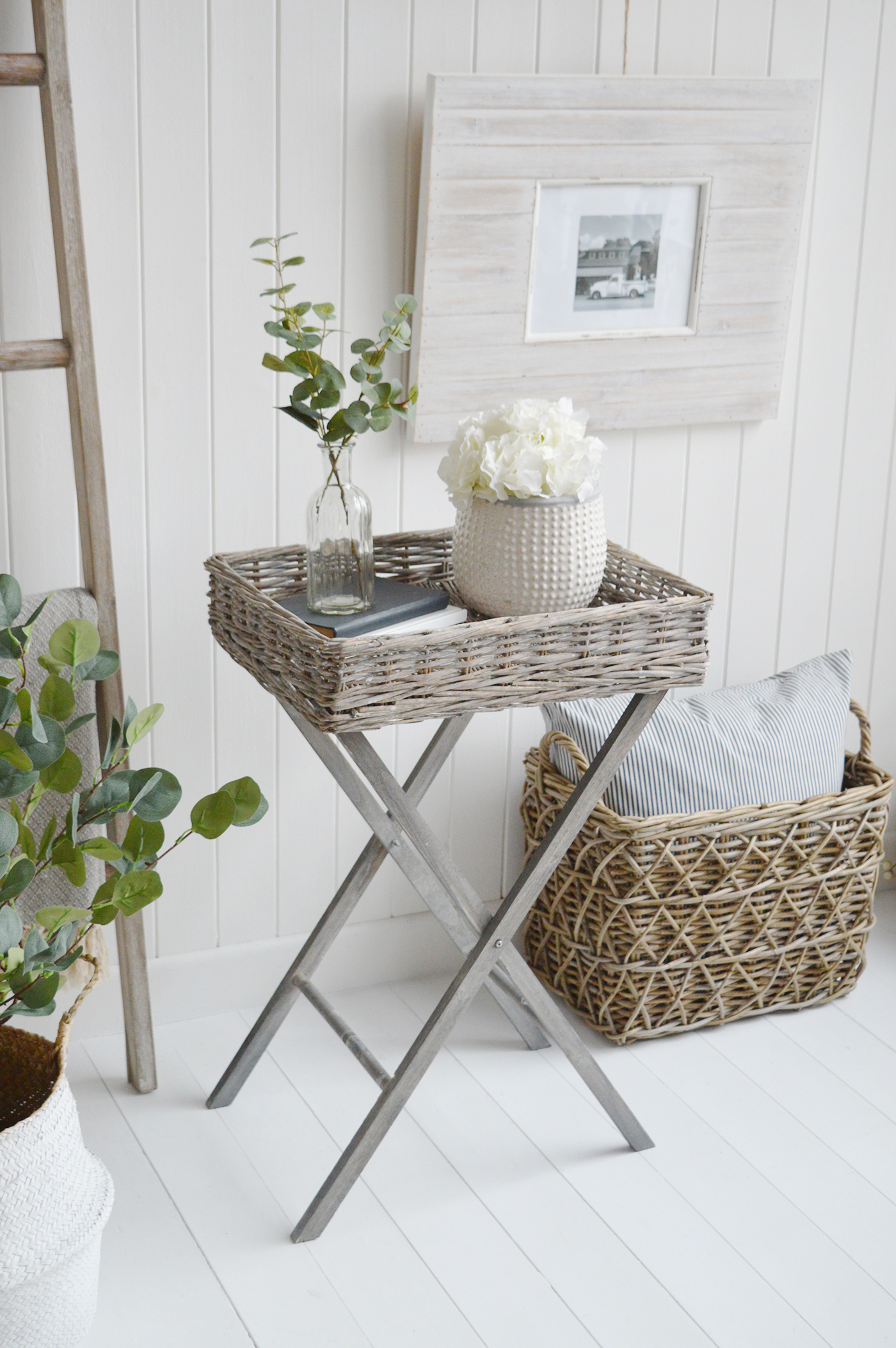 The White Lighthouse  furniture. The Cornwall grey willow folding side table, ideal for bedside, or living room lamp table. Bathroom, Living Room, Bedroom and Hallway Furniture for beautiful homes. Furniture for New England, country farm house and coastal styled home interiors